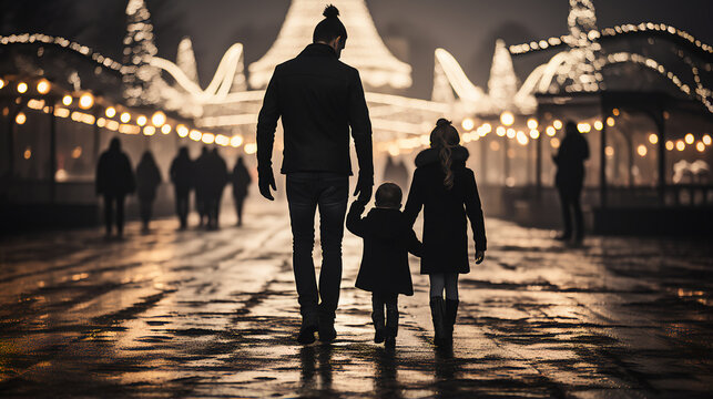 A family going to a Christmas carnival - fair - dad - kids - black and white - white Christmas lights - monochrome - silhouette - holiday fun - Powered by Adobe