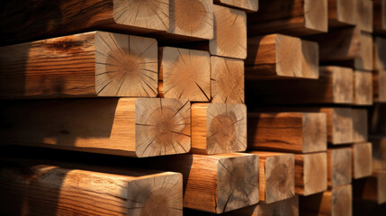 Industrial wood, timber, Pine wood timber, lumber, Wooden boards. Generative Ai