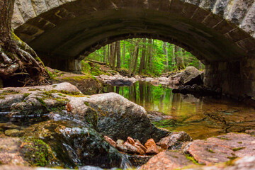 A stone arched bridge in the forest over a creek on the carriage trails in Acadia National Park.