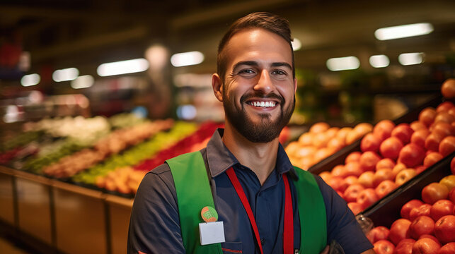 Portrait of Smiling young male supermarket worker. Generative Ai