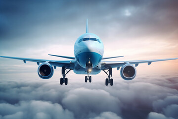 Obraz premium Civil airplane is flying above the day clouds, travel trip vacation