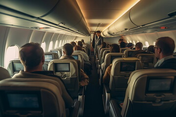 Interior of airplane with passengers on seats waiting to takeoff
