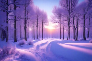 winter panorama landscape with forest, trees covered snow and sunrise. winterly morning of a new day. purple winter landscape with sunset