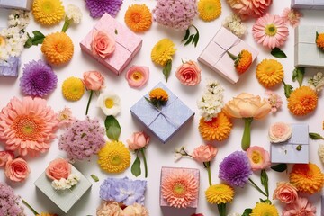 Beautiful flowers with gift boxes. Generative AI