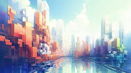 Foto op Canvas design voxel city landscape illustration 3d render, modern futuristic, view perspective design voxel city landscape © sevector