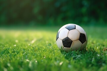 Fototapeta premium Soccer ball on green grass. Generative AI