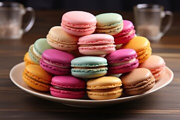 Colorful macarons dessert in plate on wooden background