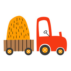 Hand drawn cute cars in scandinavian style. Truck with hay.