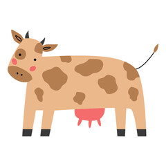 Farm animal. Brown cow, Hand drawn funny contemporary drawing livestock, milk and meat, standing mammal.