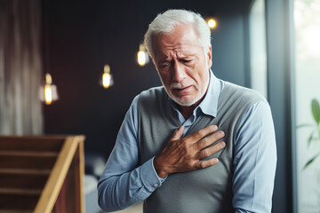 Heart attack concept. Senior man suffering from chest pain indoor, generative ai