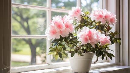 Nature's beauty indoors! Azalea blossoms in a pot brighten up your windowsill, creating a picturesque scene inside your home.