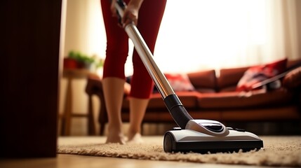 a person vacuuming carpet with a vacuum cleaner
