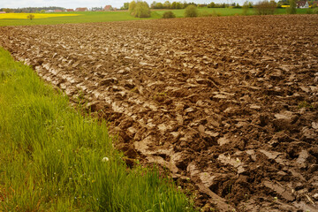 A row of furrows in a plowed field prepared for planting crops.