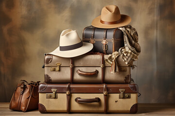 Set of retro vintage old travel suitcases ready for adventure