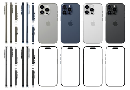 iPhone 15 Pro in all colors full set. iPhone 15 in all angle with blank screen mockups. Natural titanium, Blue titanium, White titanium and Black titanium.