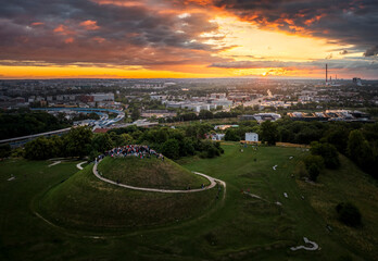 Welcome to summer event - sunrise over Krakus Mound in Krakow, Poland - obrazy, fototapety, plakaty