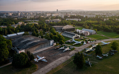 Aviation museum with old airplanes and hangars located on airfield inside Krakow, Poland