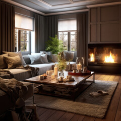 fireplace inside a modern mountain house.3D rendering of evening living room of chalet.Background