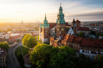 Soft lighted Wawel Castle at summer sunrise, Krakow, Poland