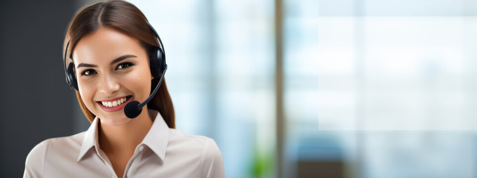 Call center, young woman and smile in contact us with CRM, headset with mic and mockup space. Customer service, happy female and telemarketing with sales and help desk.  copy space