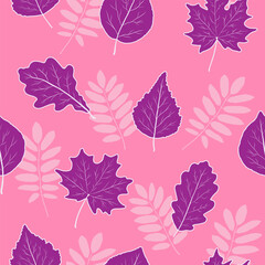 The bright leaves of oak, maple, birch and poplar are fuchsia or bright pink on a pink background with white silhouettes of rowan leaves. Seamless pattern. Printing on fabric. Vector illustration.