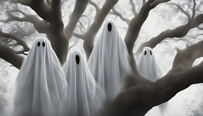 Halloween special Friendly ghosts floating near a spooky tree ai generation