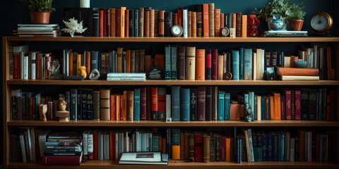 Bookshelves with books and decorations in the interior of the room