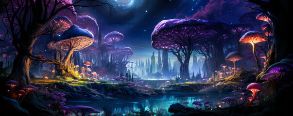 Obraz premium Holiday Magic: Forest Scene with Christmas Trees and Luminous Lights
