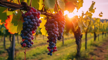 Ripe grapes in vineyard at sunset, Tuscany, Italy. Ripe red grapes on vineyards in autumn harvest at sunset. 