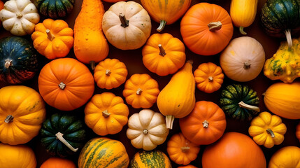 Colorful pumpkins background. Autumn harvest concept. Top view. Autumn thanksgiving background.