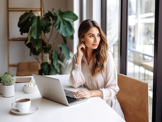 Woman starting an online business, young european lady working with her laptop in modern office