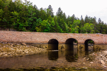 Fototapeta na wymiar Arched bridge in Acadia national Park. Picture taken in the summer on a cloudy day while the tide was low.