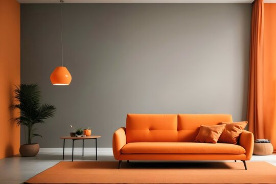 Modern luxury interior living room design concept with orange sofa bed, architectural background, banner with copy space text 
