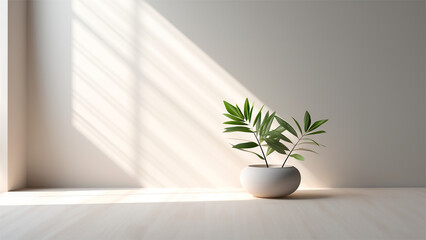 Jarron planta - Fondo color blanco - Sombras difusas - Ventana lateral - materiales blanco, jarron - obrazy, fototapety, plakaty
