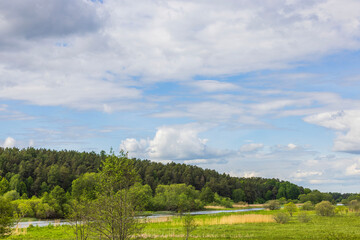 Fototapeta na wymiar Beautiful panoramic view of forest trees on mountain and river flowing along fields on backdrop of blue sky with white clouds. Sweden.