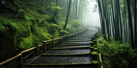 Bamboo forest with steep mountain road, rain, fog. Generative AI