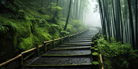 Obraz premium Bamboo forest with steep mountain road, rain, fog. Generative AI