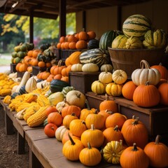 Pumpkins and gourds on display at market