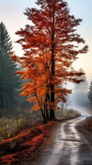 Foggy morning with trees changing colors.
