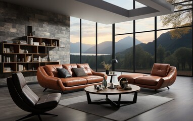 Modern luxury interior living room leather set. Generative AI