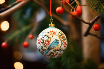 Close-up of a hand-painted Christmas tree ornament hanging from a branch, that emphasizes the beauty of eco-friendly decorations, bird illustration
