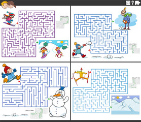 maze games set with cartoon people characters on winter time