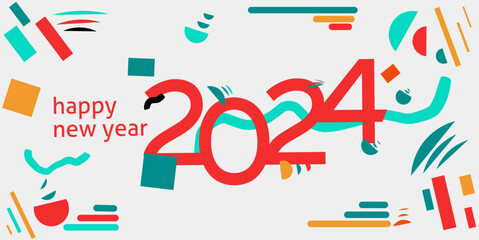 2024 New Year Celebration Banner Design with Modern Abstract Geometric Background in Retro Style Decorated with Colorful Shapes