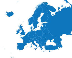 BLUE CMYK color detailed flat stencil map of the continent of EUROPE (with country borders) on transparent background