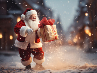 Santa Claus in glasses stands on the street laughing and smiling with a gift in his hands and dreams, snowflakes are flying around and it is snowing.