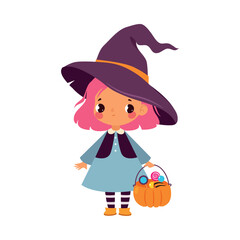 Happy Girl Character at Halloween Party Celebration in Witch Costume with Candy Basket Vector Illustration