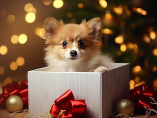 A small fluffy puppy peeks out of a New Year's gift box and looks at the camera against the...