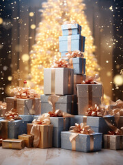 A large mountain of New Year's gifts stands in a bright room against the background of a New Year tree and garland lights. Golden Christmas gifts with bows under the Christmas tree.