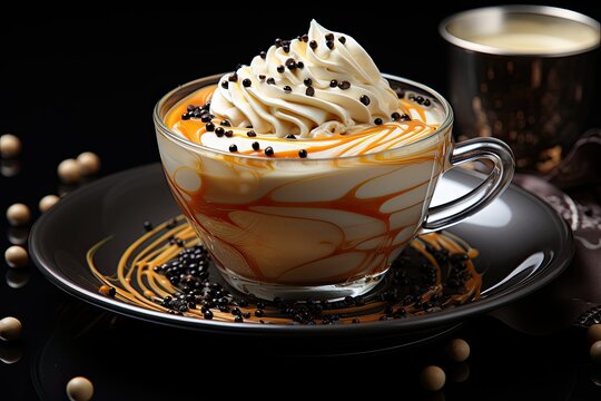 Cappuccino flowing over ganache, decorated with caramel and coffee., generative IA