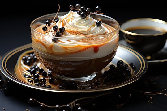 Cappuccino flowing over ganache, decorated with caramel and coffee., generative IA